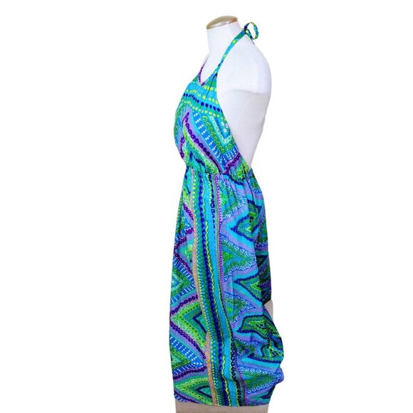 Hale Kini Chez Jeanne Vintage Hawaiian Aloha Maxi Halter Dress Floral Green Blue - Picture 4 of 5